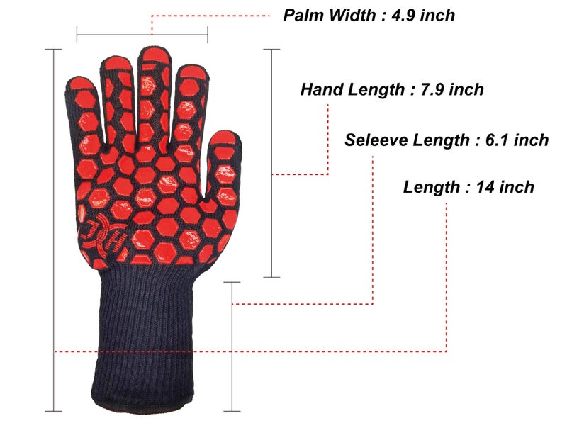 JH J H Heat Resistant Oven Glove:EN407 Certified 932 Â°F, 2 Layers Silicone Coating, Oven Mitts for Cooking, Kitchen, Fireplace,Camping, Grilling (Black/Red, Extra Long Cuff) - Image 2